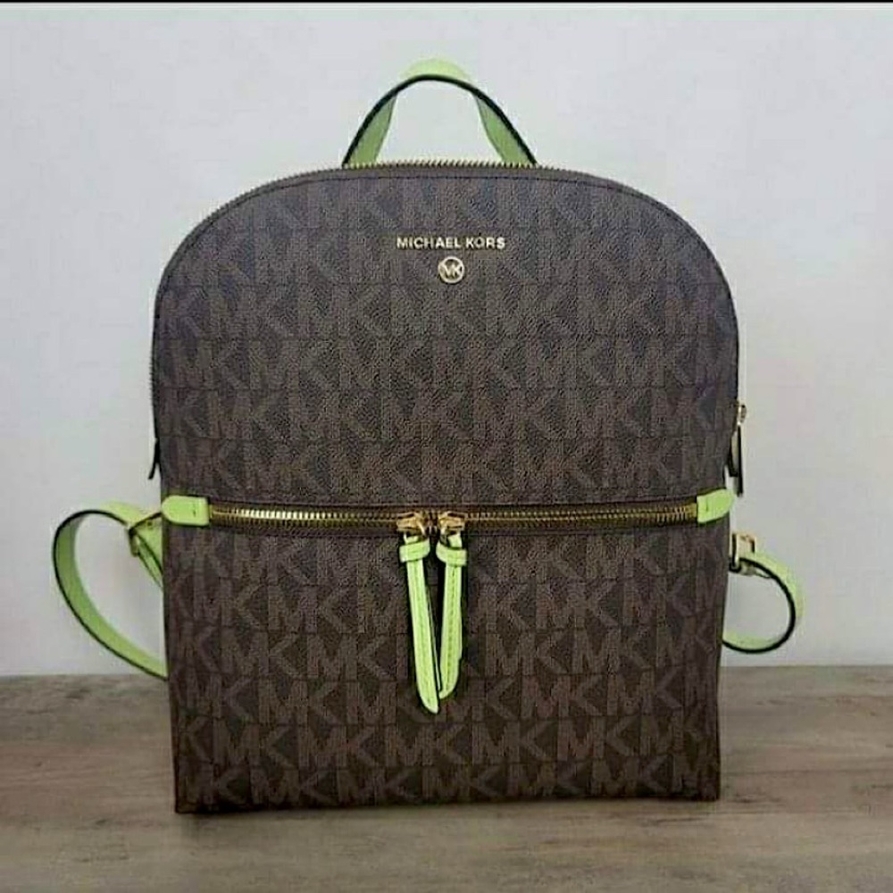 Michael Kors Dallas Med. Slim Backpack in Monogrammed Brown/Aloe  *RARE*  [BNWT]